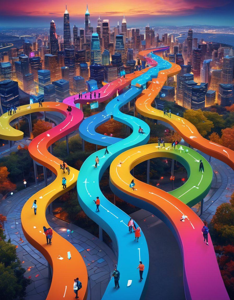 A vibrant digital landscape featuring a winding path made of colorful file icons and collaboration tools. Include figures of diverse individuals engaging with digital devices along the path, showcasing cooperation and file sharing. The background should depict a skyline of tech-inspired buildings with floating data streams. The scene should convey a sense of exploration and teamwork in the digital realm. super-realistic. vibrant colors. 3D.