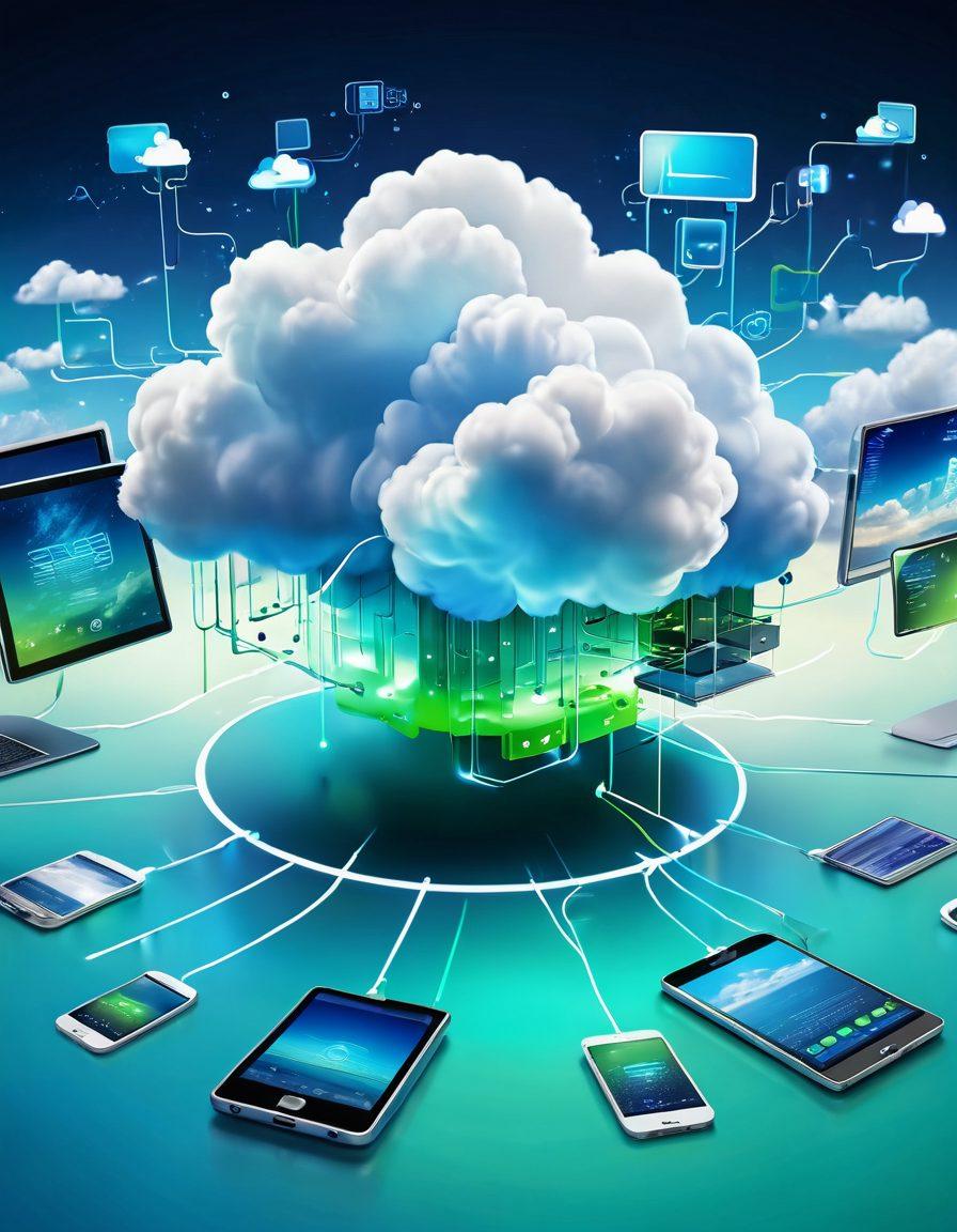 A futuristic cloud with streams of vibrant data flowing seamlessly from one device to another, symbolizing efficient data transfer. In the background, various cloud storage icons and digital connections intertwine, showcasing innovation and technology. Soft blue and green hues dominate the image, suggesting a sense of tranquility and efficiency. The overall composition is sleek and modern, inviting the viewer into a world of cloud technology. super-realistic. vibrant colors.
