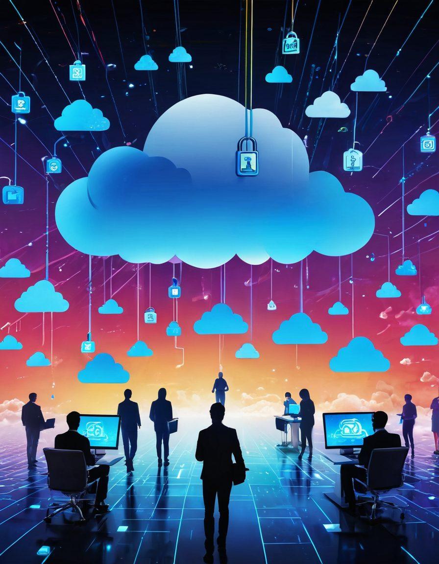 A futuristic digital landscape featuring diverse individuals using various devices to access cloud storage. Visual elements of secure file upload icons, padlocks, and interconnected clouds are integrated throughout, symbolizing digital accessibility. The scene is vibrant and inviting, with a blend of technology and humanity. The background includes abstract binary code patterns to emphasize the digital environment. super-realistic. vibrant colors. 3D.
